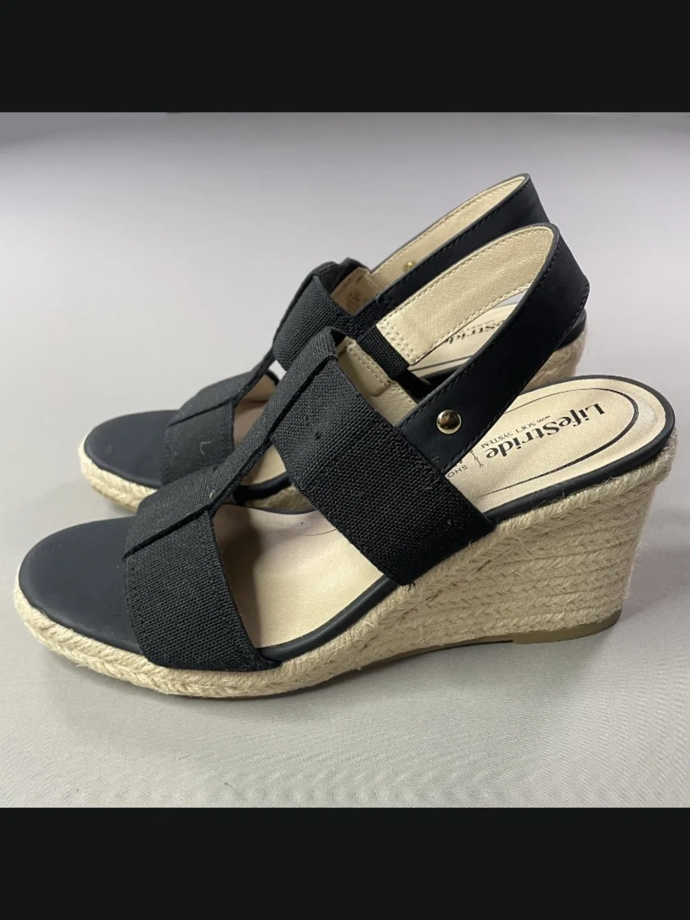 NEW Life Stride Shoes Womens 9.5 black brown jute wedge sandals heels summer